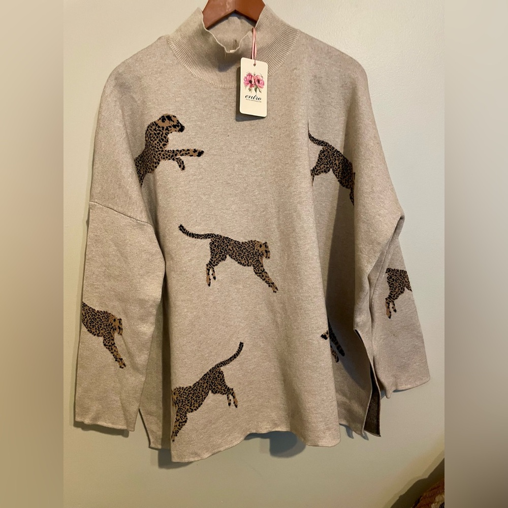 NEW ENTRO Large Leopard Tunic Sweater in Oatmeal - Picture 3 of 11